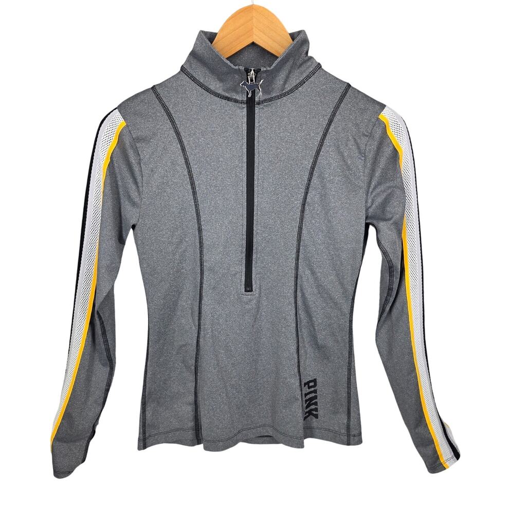 PINK WOMEN'S GRAY HALF ZIP-UP ACTIVE SWEATSHIRT TOP SIZE XS , SLEEVE THUMBHOLES